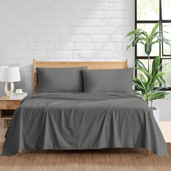 500 Thread Count 100% Egyptian Cotton 4-Piece Bed Sheet Set (1 Flat, 1 Fitted Sheet, 2 Pillow Covers) 21 Inches Deep Pocket Size Olympic-Queen Color Grey Stripe