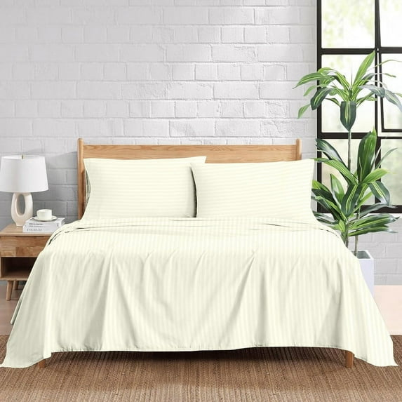 500 Thread Count 100% Egyptian Cotton 4-Piece Bed Sheet Set (1 Flat, 1 Fitted Sheet, 2 Pillow Covers) 24 Inches Deep Pocket Size King Color Ivory Stripe