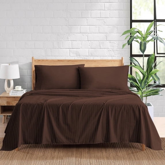 500 Thread Count 100% Egyptian Cotton 4-Piece Bed Sheet Set (1 Flat, 1 Fitted Sheet, 2 Pillow Covers) 30 Inches Deep Pocket Size King Color Chocolate Stripe