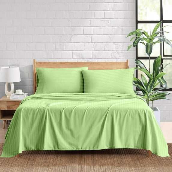 500 Thread Count 100% Egyptian Cotton 4-Piece Bed Sheet Set (1 Flat, 1 Fitted Sheet, 2 Pillow Covers) 30 Inches Deep Pocket Size King Color Sage Stripe