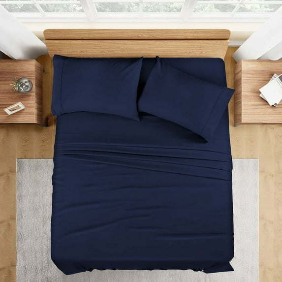500 Thread Count 100% Egyptian Cotton 4-Piece Bed Sheet Set (1 Flat, 1 Fitted Sheet, 2 Pillow Covers) 30 Inches Deep Pocket Size Olympic-Queen Color Navy Blue Solid