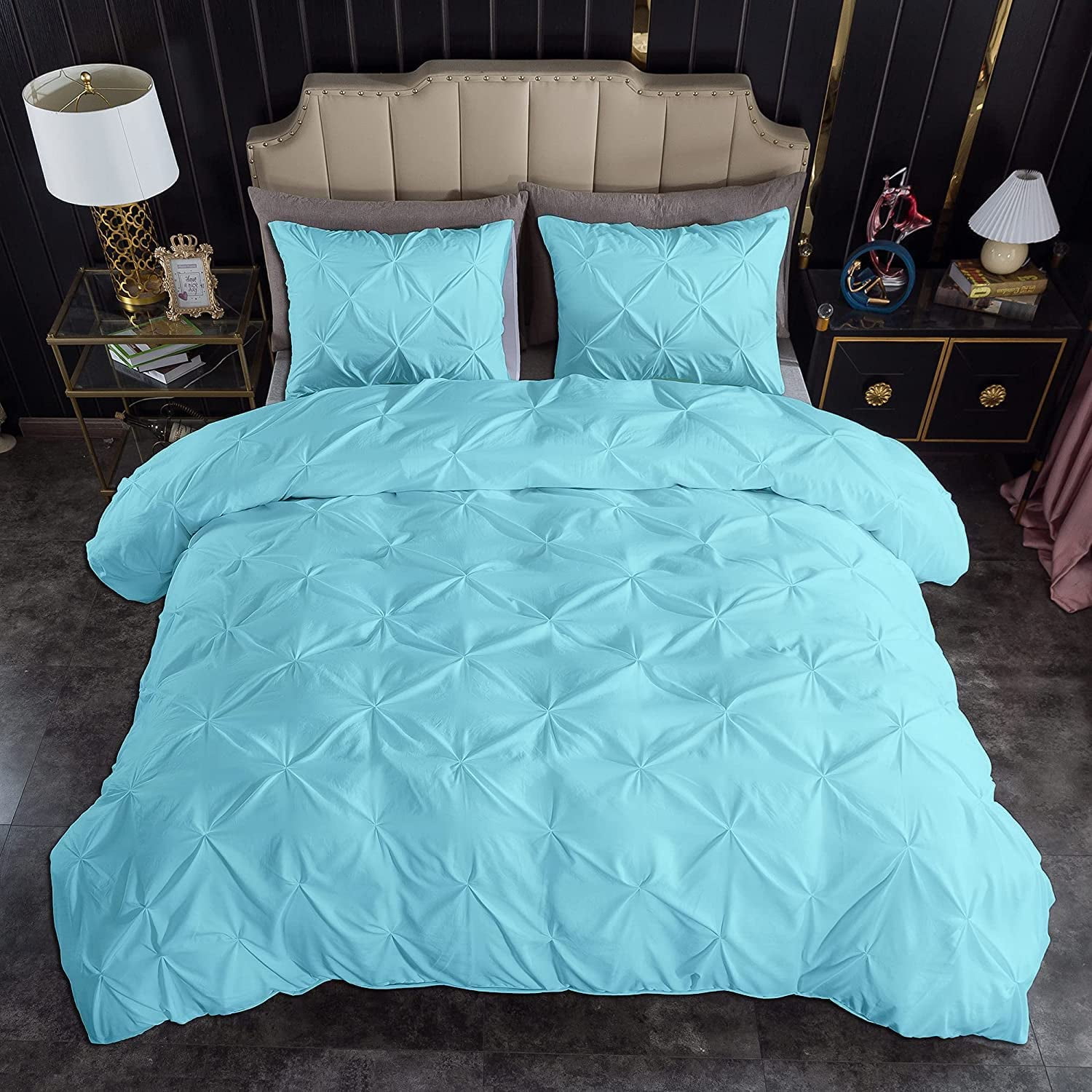 500-Thread Count 100% Egyptian Cotton Pinch Pleated Pintuck Design 3pc Duvet Cover Set , With Zipper Closure & Corner Ties - Eastern King Size ( 108" x 118" ) Inches, (Aqua Blue)