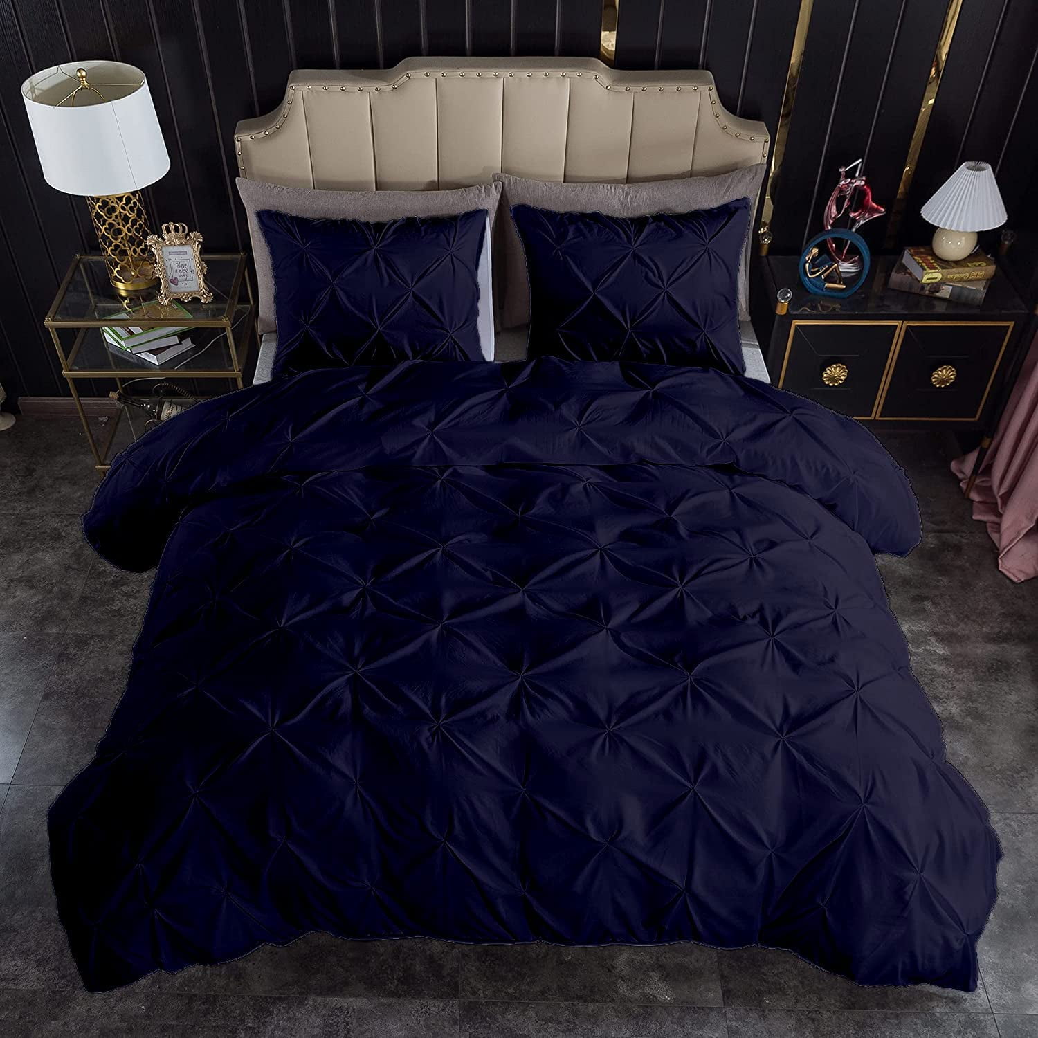 500-Thread Count 100% Egyptian Cotton Pinch Pleated Pintuck Design 3pc Duvet Cover Set , With Zipper Closure & Corner Ties - King Size ( 90" x 104" ) Inches, (Navy Blue)