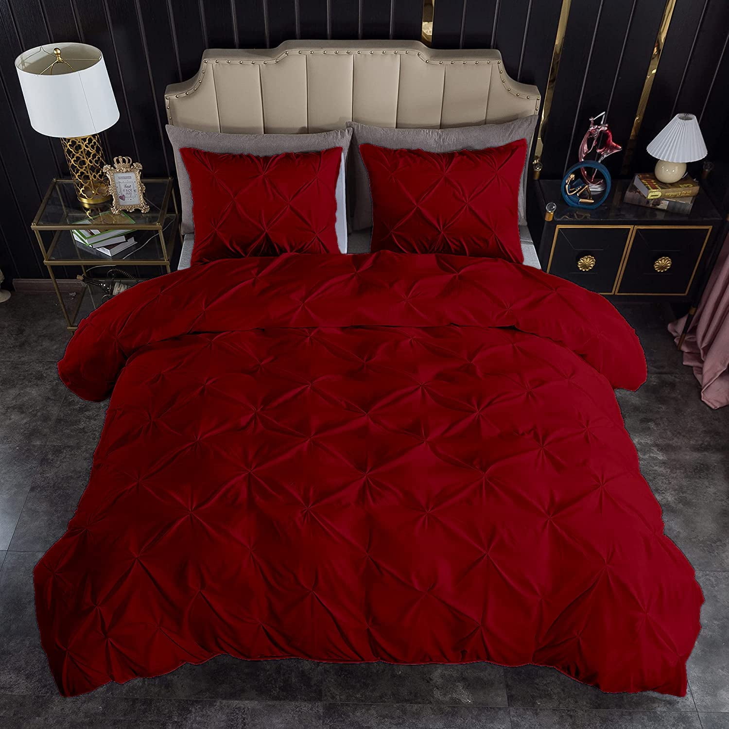 500-Thread Count 100% Egyptian Cotton Pinch Pleated Pintuck Design 3pc Duvet Cover Set , With Zipper Closure & Corner Ties - King-XL Size ( 98" x 116" ) Inches, (Burgundy)