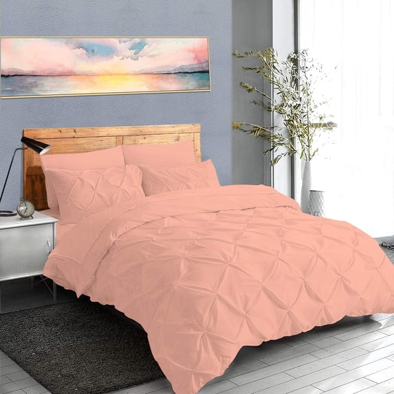 500-Thread Count 100% Egyptian Cotton Pinch Pleated Pintuck Design 3pc Duvet Cover Set , With Zipper Closure & Corner Ties - OverSize King ( 98" x 120" ) Inches, (Peach)