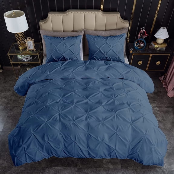 500-Thread Count 100% Egyptian Cotton Pinch Pleated Pintuck Design 3pc Duvet Cover Set , With Zipper Closure & Corner Ties - OverSize Queen Size ( 98" x 98" ) Inches, (Med. Blue)