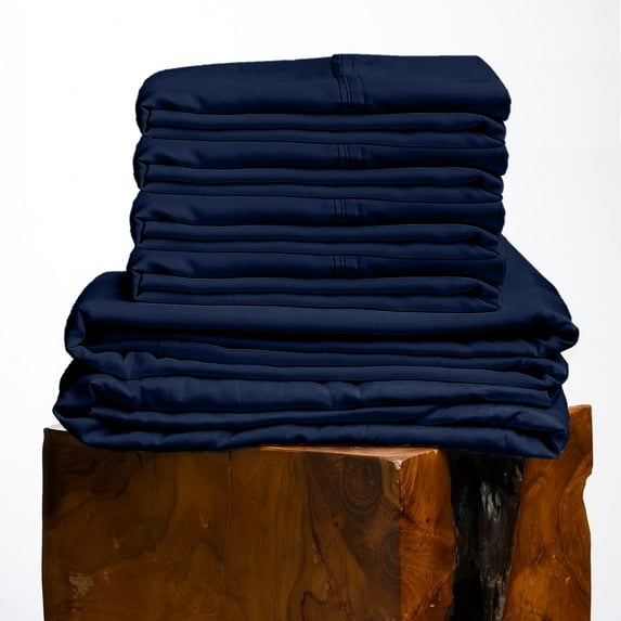 500 Thread Count, 100% Giza Egyptian Cotton Bedding Set, 6-PC Sheets Set, 30 Inch Deep Pocket of Fitted Sheet, Soft Sateen Weave Breathable - Navy Blue, Short King