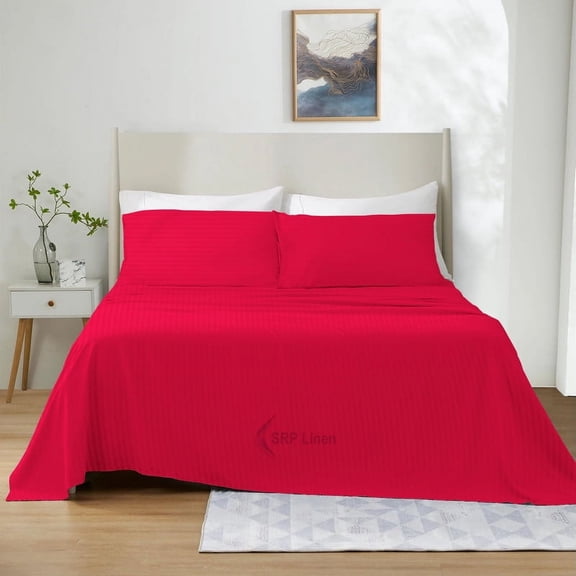 500 Thread Count 4 Piece Quality Sheet Set 18 Inch Deep Pocket 100% Egyptian Cotton Color Red Stripe Size Full