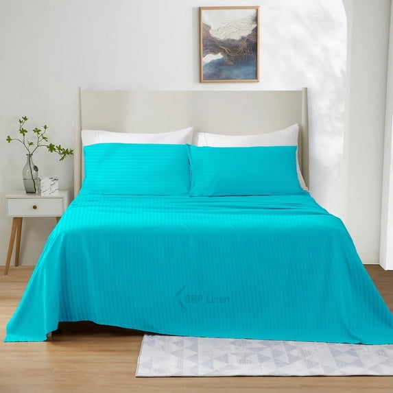500 Thread Count 4 Piece Quality Sheet Set 21 Inch Deep Pocket 100% Egyptian Cotton Color Turquise Blue Stripe Size Twin XL