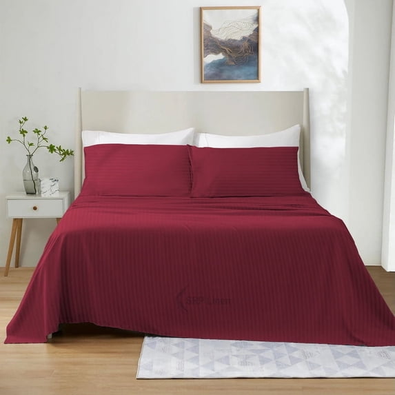 500 Thread Count 4 Piece Quality Sheet Set 27 Inch Deep Pocket 100% Egyptian Cotton Color Burundy Stripe Size Twin