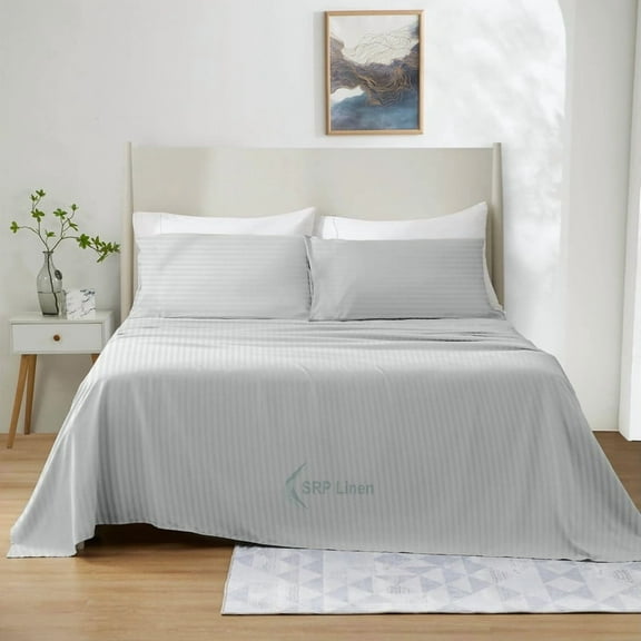 500 Thread Count 4 Piece Quality Sheet Set 30 Inch Deep Pocket 100% Egyptian Cotton Color Silver Grey Stripe Size Twin