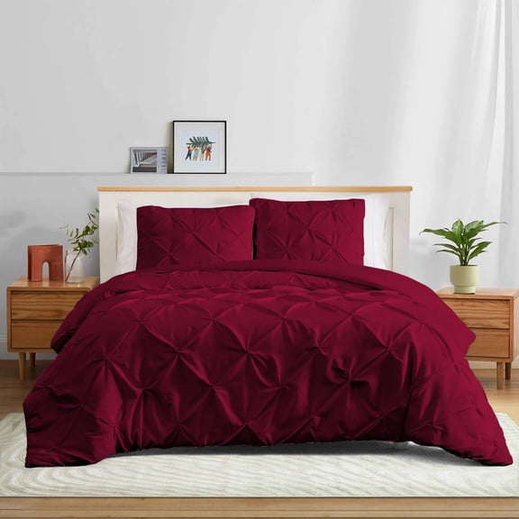 500 Thread Count Egyptian Cotton 3-PCs Pinch Pleated Pintuck Duvet Cover Set, Soft and Cozy, Zipper Closure and Corner Ties - Queen Size ( 90" x 90" ) Inches, (Burgundy)