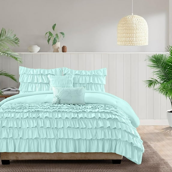 500-Thread Count Egyptian Cotton 3-PCs Multi Ruffle Duvet Cover, With Zipper Closure & Corner Ties - King-XL Size ( 98" x 116" ) Inches, (Aqua Blue)