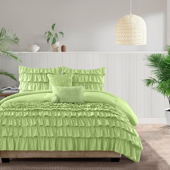 500-Thread Count Egyptian Cotton 3-PCs Multi Ruffle Duvet Cover, With Zipper Closure & Corner Ties - King-XL Size ( 98" x 116" ) Inches, (Sage)