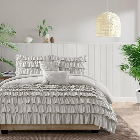 500-Thread Count Egyptian Cotton 3-PCs Multi Ruffle Duvet Cover, With Zipper Closure & Corner Ties - Eastern King Size ( 108" x 118" ) Inches, (Silver Grey)