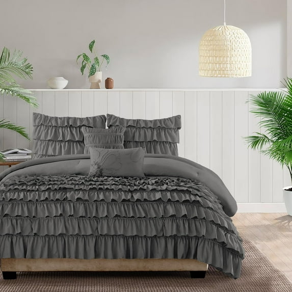 500-Thread Count Egyptian Cotton 3-PCs Multi Ruffle Duvet Cover, With Zipper Closure & Corner Ties - Super King Plus Size ( 120" x 120" ) Inches, (Dark Grey)