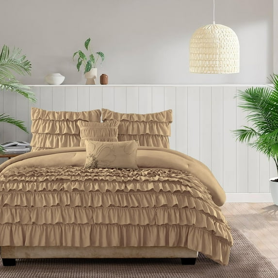500-Thread Count Egyptian Cotton 3-PCs Multi Ruffle Duvet Cover, With Zipper Closure & Corner Ties - Super King Plus Size ( 120" x 120" ) Inches, (Taupe)