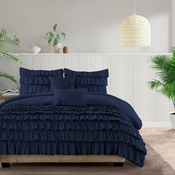 500-Thread Count Egyptian Cotton 3-PCs Multi Ruffle Duvet Cover, With Zipper Closure & Corner Ties - Super King Size ( 98" x 108" ) Inches, (Navy Blue)