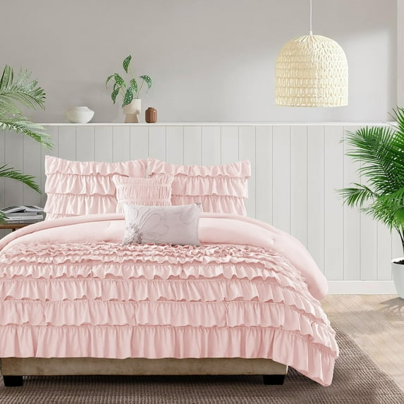 500-Thread Count Egyptian Cotton 3-PCs Multi Ruffle Duvet Cover, With Zipper Closure & Corner Ties - Twin/Twin-XL Size ( 68 x 90 ) Inches, (Baby Pink)