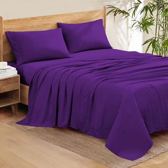 500 Thread Count Egyptian Cotton Bed Sheets, 4-PCs Bed Sheet Set Full Size Fit Upto (9" Inch to 12" Inch) Deep Pocket Solid (Purple)