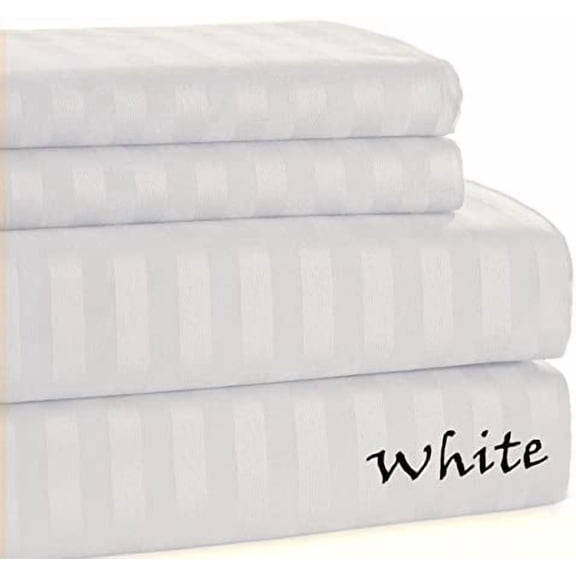 500 Thread Count Heavy Weight Fabric Sheet Set - - King Size - Striped COLORS Sheet Set - 4 Pieces - { White } Fit Deep Pocket 21" Inches By KM LINEN