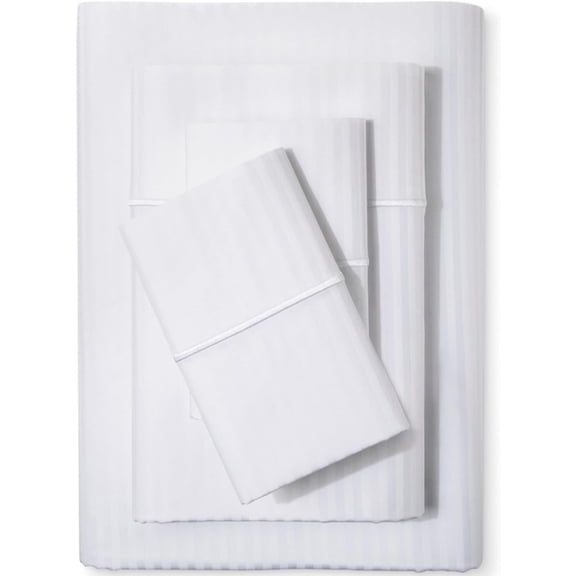 500 Thread Count King Size Damask Bed Sheet Set 100% Cotton 4 Piece 18 Inch Deep Pockets Sateen Weave Striped White Stripe