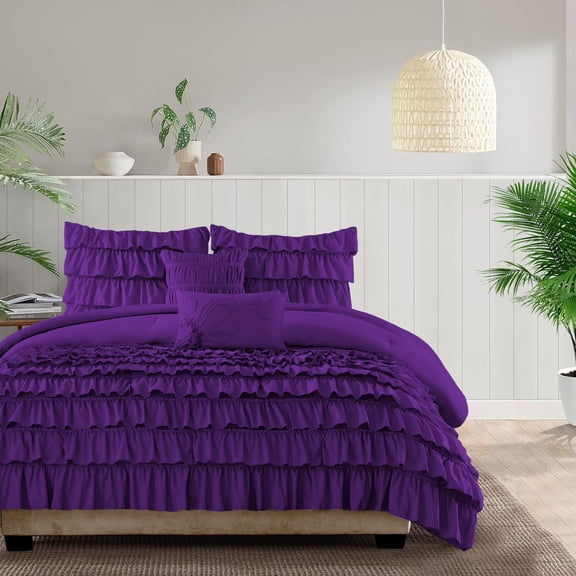 500 Thread Count Multi Ruffle 3-PCs Duvet Cover Set, Soft and Cozy, Zipper Closure and Corner Ties - Queen Size ( 90" x 90" ) Inches, (Purple)