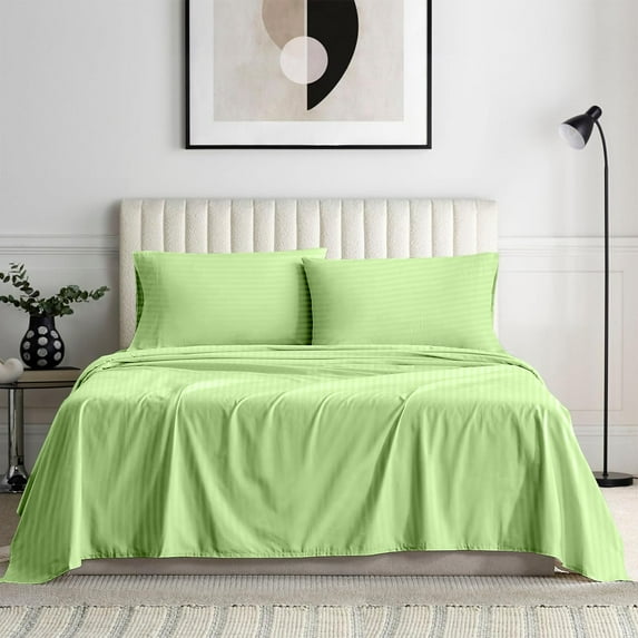 500-Thread Count Pure Egyptian Cotton Sheets, Full XL (54" x 80") Size Sheet Set, 4-PCs Sheet Set, Full XL Size, Fits 13-15" Deep Pocket Sheets, Stripe Pattern Sage Green