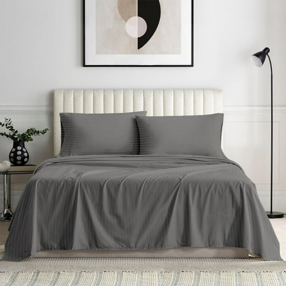 500-Thread Count Pure Egyptian Cotton Sheets, Queen (60" x 80") Size Sheet Set, 4-PCs Sheet Set, Queen Size, Fits 22-24" Deep Pocket Sheets, Stripe Pattern Dark Grey
