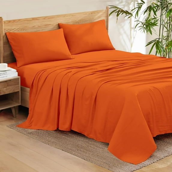 500-Thread Count Pure Egyptian Cotton Sheets, Small Double (48" x 75") Size Sheet Set, 4-PCs Sheet Set, Small Double Size, Fits 25-30" Deep Pocket Sheets, Bed Sheets, Orange