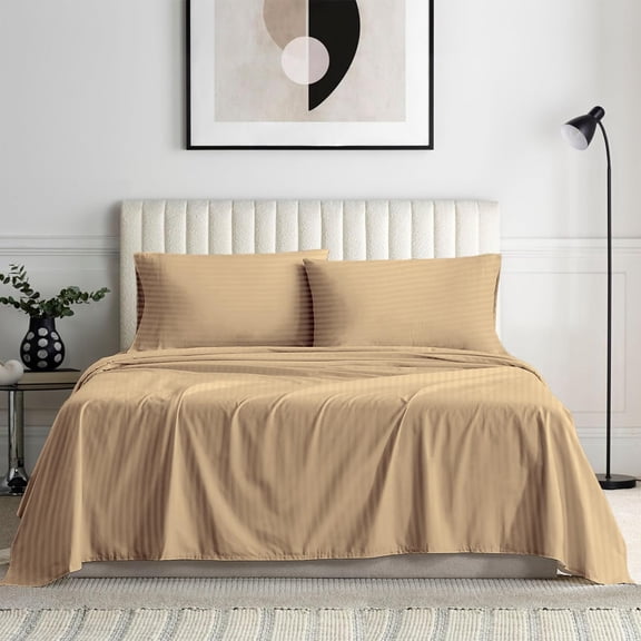 500-Thread Count Pure Egyptian Cotton Sheets, Super Queen (66" x 80") Size Sheet Set, 4-PCs Sheet Set, Super Queen Size, Fits 16-18" Deep Pocket Sheets, Stripe Pattern Taupe