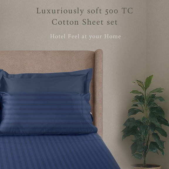 500 Thread Count Twin-XL Size Damask Stripe, 3 Pc Luxury Cotton Bed Sheet Set, Breathable Folkstone Blue Sheets with 15" Elasticized Deep Pocket, 1 Pillowcase & Free Tote Bag