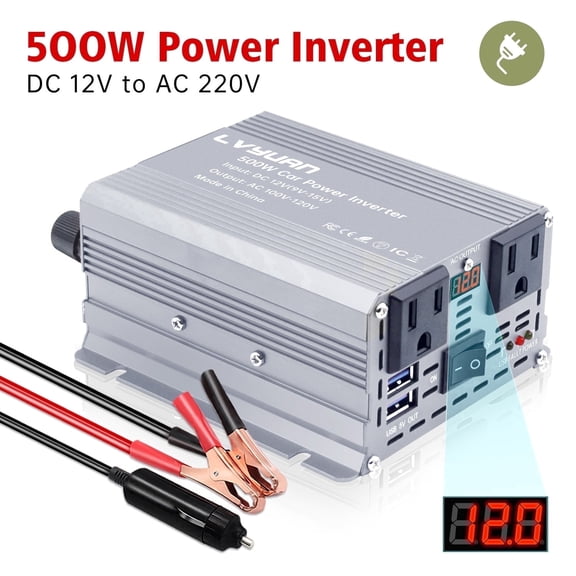 500 Watts Power Inverter for Vehicles, 12 V DC to 110V Car Inverter Converter with 2 AC Outlets+ 2 USB Chargers, LED Display for Phone, Laptop, RV, Truck, Home Backup, Camping Silver