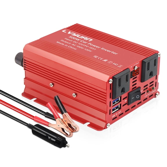 LVYUAN 500W Car Power Inverter, DC12V to AC110V Car Charger Plug Adapter, Power Converter with 2 US AC Outlets, 2 USB Ports, LED Display for Car, Vehicles, RV, Truck, Camping, Trip, Laptop Red