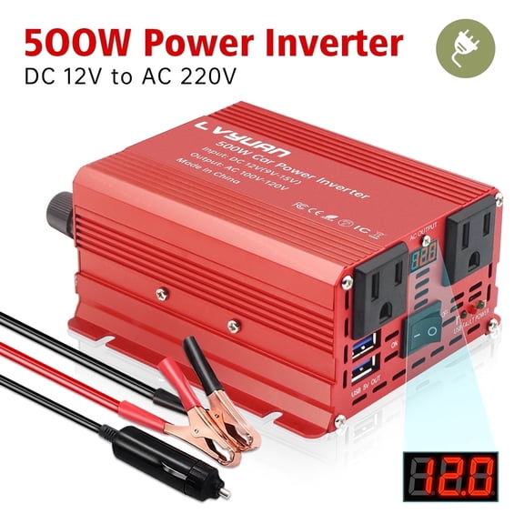 500 Watts Power Inverter for Vehicles, 12V DC to 110V AC Car Inverter Converter with 2 AC Outlets 2 USB Chargers, LED Display, Car Plug Adapter for Phone, Computer, RV, Camping & Home Red