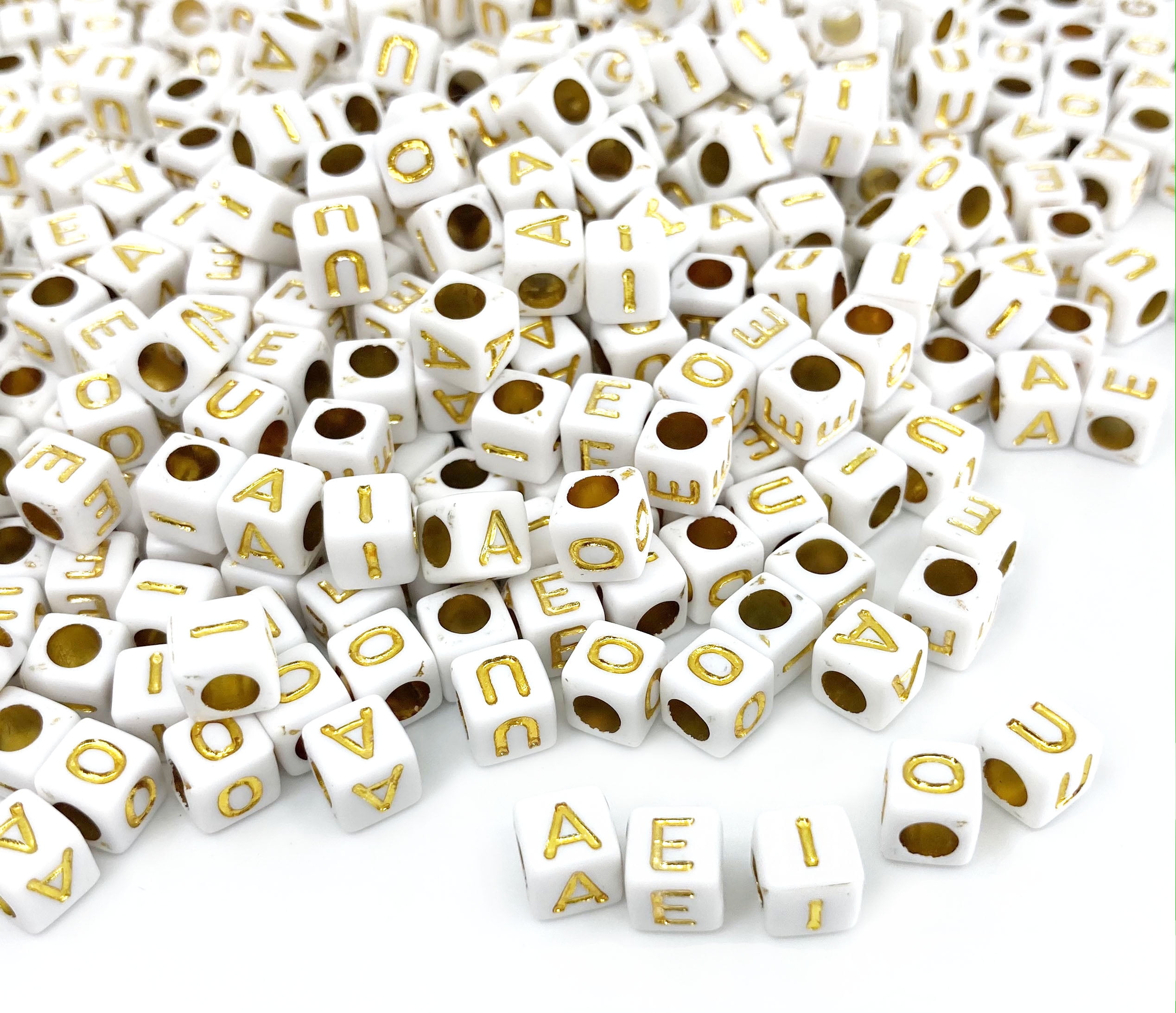 500 White Acrylic Vowels Only Letter Beads with Gold Letters 6mm with 3.4mm  Hole 