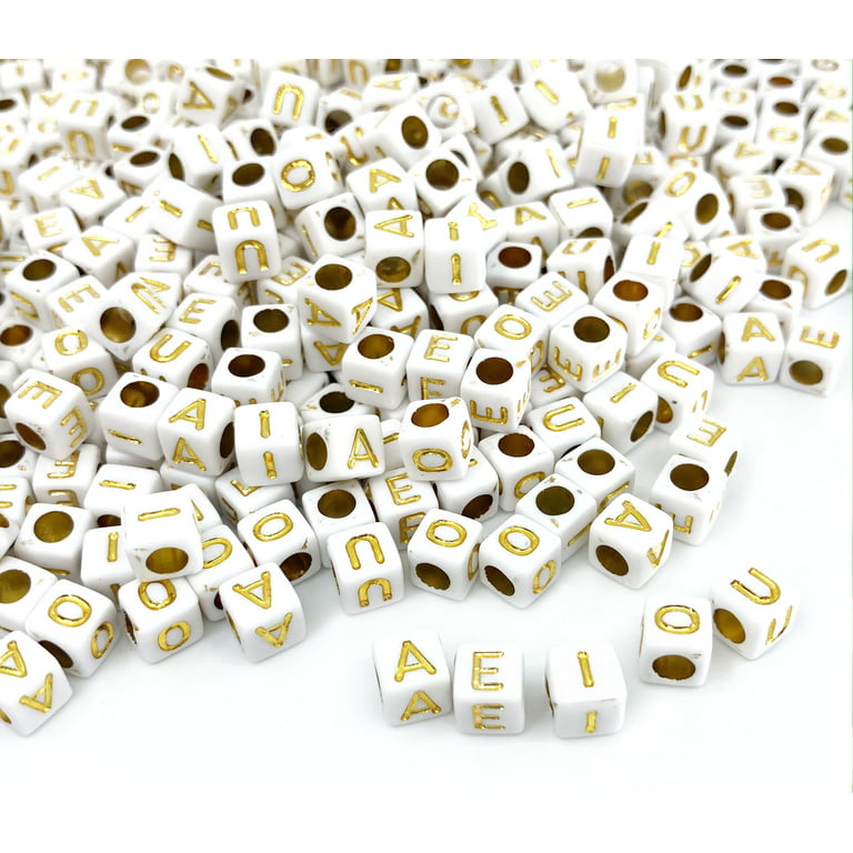 500 White Acrylic Vowels Only Letter Beads with Gold Letters 6mm with 3.4mm  Hole