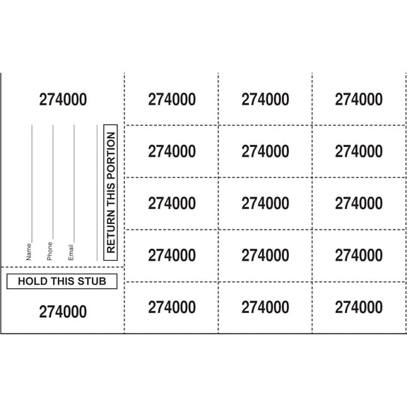 500 White Chinese Auction Tickets - "Hold This Stub" OR" Buyer's Name, Email & Phone" - 25, 20, 15, 10 or 5 Bid Numbers per Sheet. (15 Bid Numbers per Sheet, Stub w/ "Buyer's Name, Phone & Email")