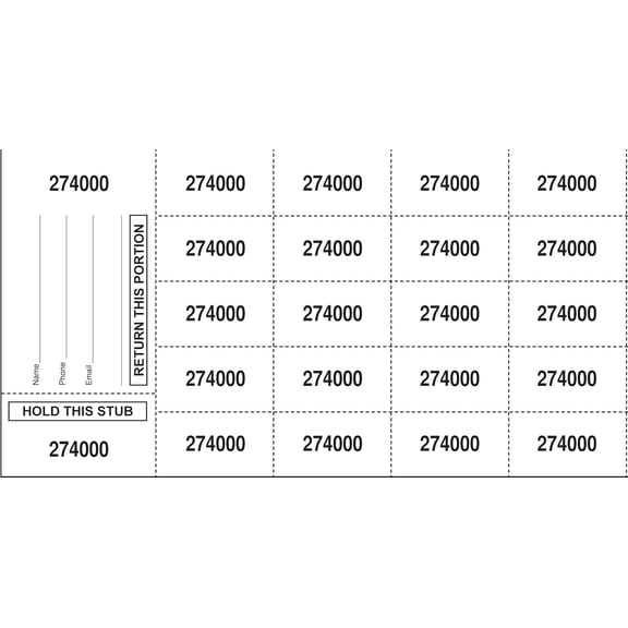 500 White Chinese Auction Tickets - "Hold This Stub" OR" Buyer's Name, Email & Phone" - 25, 20, 15, 10 or 5 Bid Numbers per Sheet. (20 Bid Numbers per Sheet, Stub w/ "Buyer's Name, Phone & Email")