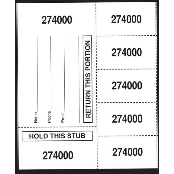 500 White Chinese Auction Tickets - "Hold This Stub" OR" Buyer's Name, Email & Phone" - 25, 20, 15, 10 or 5 Bid Numbers per Sheet. (5 Bid Numbers per Sheet, Stub w/ "Buyer's Name, Phone & Email")