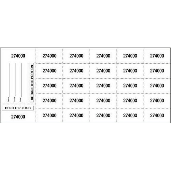 500 White Chinese Auction Tickets: Stub with Buyer's Name Phone & Email - 25 Bid Numbers per Sheet