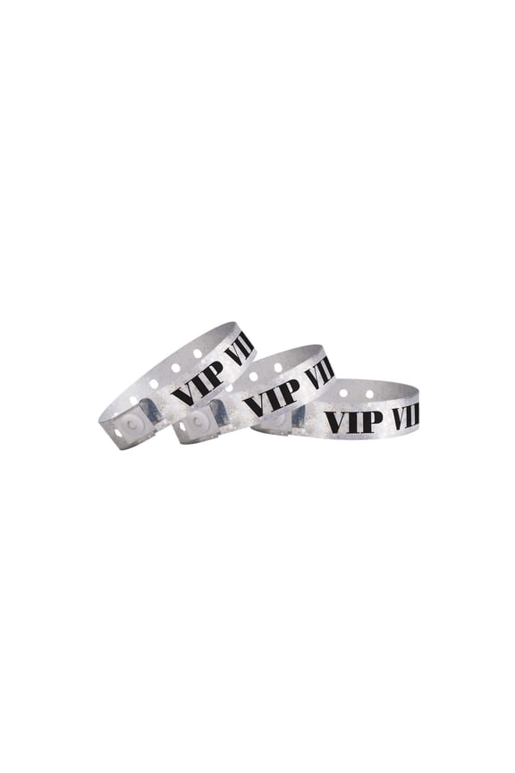 500 Plastic WristCo Wristbands for Events | Holograghic Silver VIP + | Water-proof Tamper-Proof Designs Prevents Reuse Premium Grade Bracelets for Hospitals & Medical ID, Party, VIP Identification,