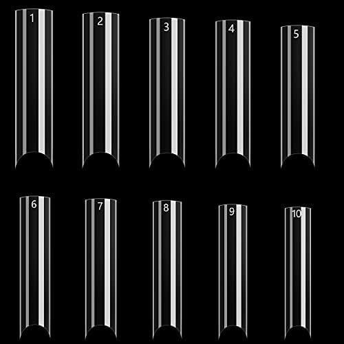 500 count Clear Extra Long C  False  Tips,XXL C     Tips with Bag for  Salon and DIY, Extra Long  Tips Half Cover Straight Square  Tips 10 Sizes