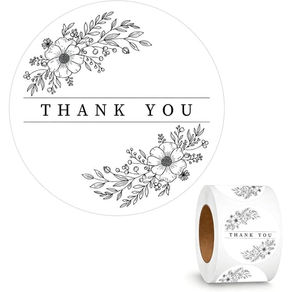 500 count Thank You Stickers, 1.5" Line Art Floral Thank You Labels for Small Business, Packaging, Envelope Seals, Bakery, Wedding Favors