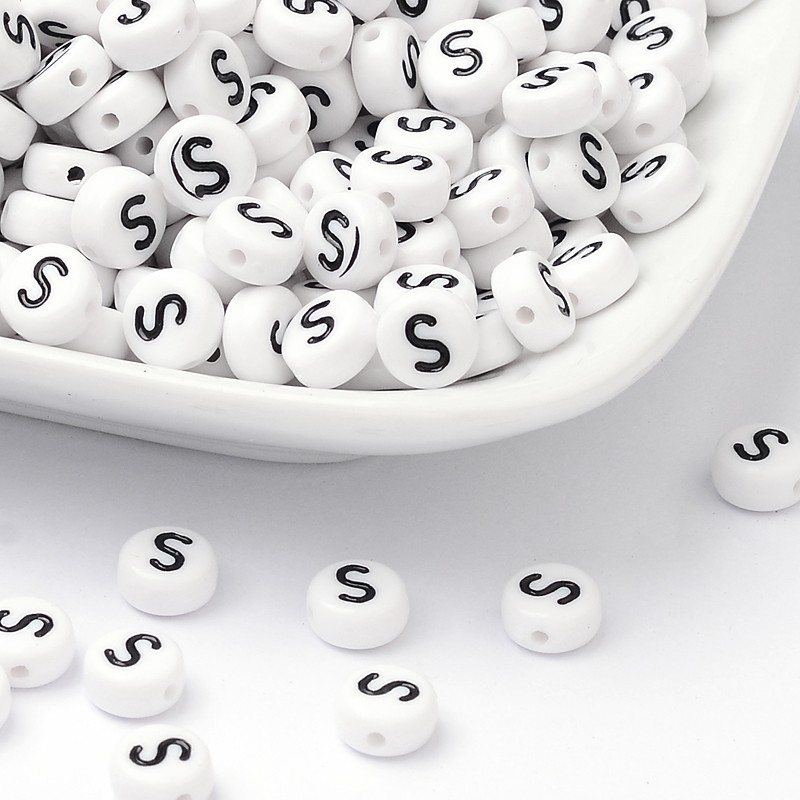500 g Acrylic Beads with Horizontal Hole Letter Flat Round Letter S 7x4mm Hole: 1.2~1.8mm about 3500pcs/500g