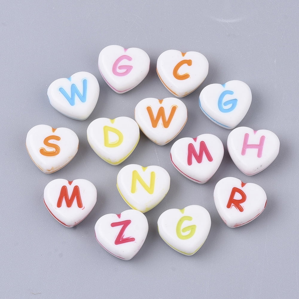 500 g Craft style Acrylic Beads Horizontal Hole Heart with Random Initial Letter Mixed color 10x11x5mm Hole: 1.8mm 1280pcs/500g