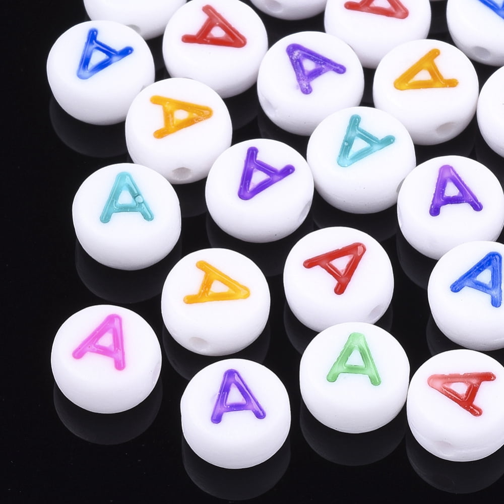 500 g Initial Acrylic Beads Horizontal Hole Flat Round Mixed color Letter.A 7x3.5~4mm Hole: 1.2mm 3700pcs/500g