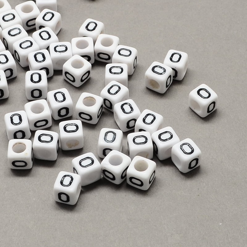 500 g Large Hole Acrylic Letter European Beads Horizontal Hole White & Black Cube with Letter.O 7~8x7~8x7~8mm Hole: 4mm about 1144pcs/500g
