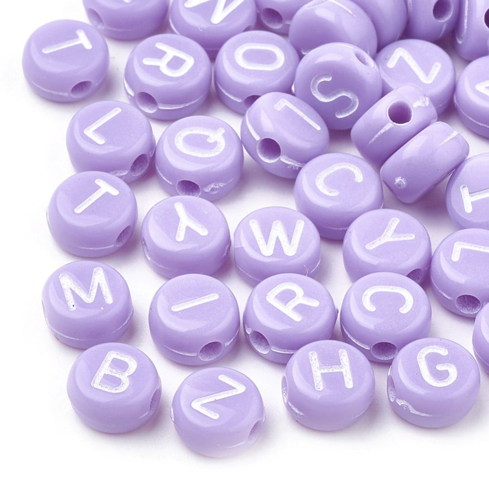 500 g Opaque Acrylic Beads Horizontal Hole Mixed Letters Flat Round with Letter Random Letters Lilac 7x4mm Hole: 1.5mm 3700pcs/500g
