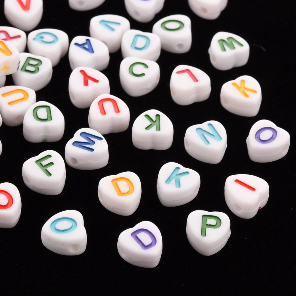 500 g Opaque White Acrylic Beads Horizontal Hole Heart with Mixed color Random Mixed Letters 7x7x4mm Hole: 1.5mm 3400~3500pcs/500g